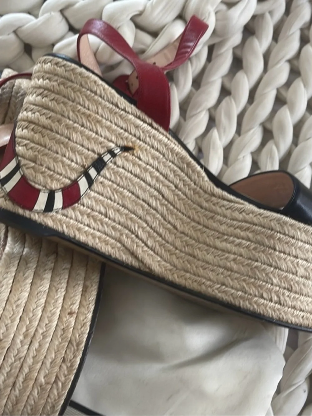 Gucci Red, Black and Natural Woven Platform Espadrilles “RARE” snake 🐍